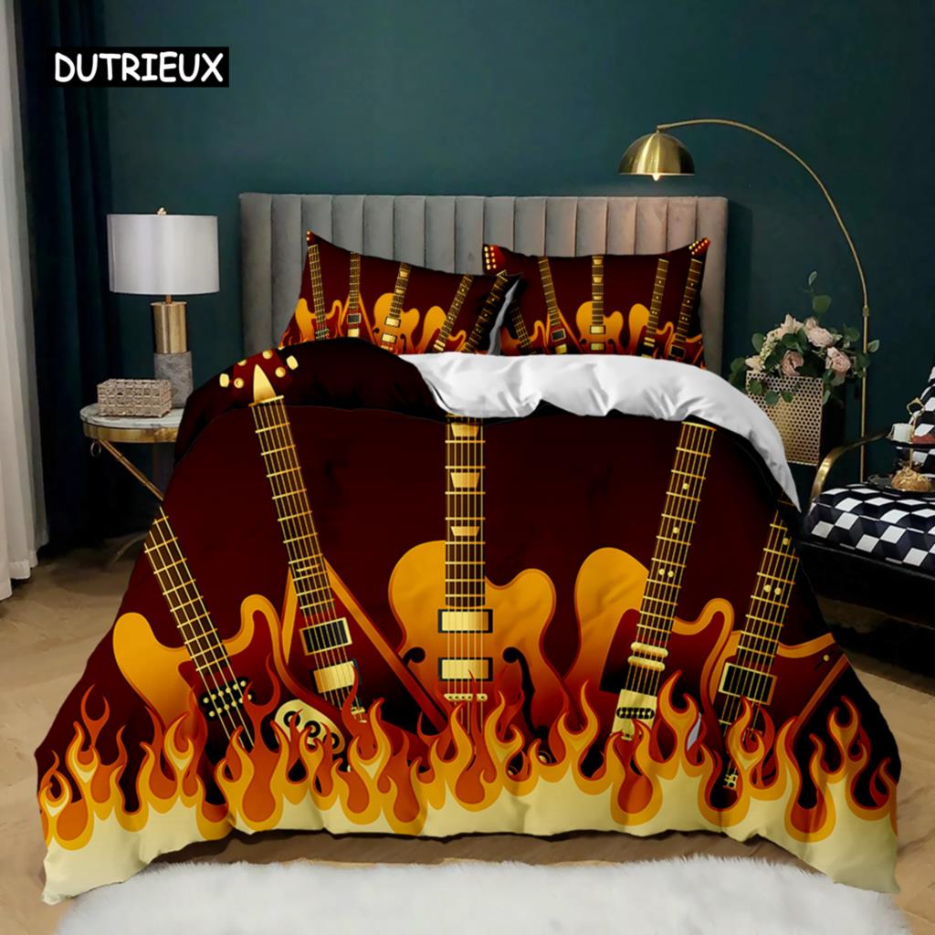 Guitar Duvet Cover Set Electric Guitar In Burning Musical Creativity Concept Music Double Queen King Size Polyester Qulit Cover