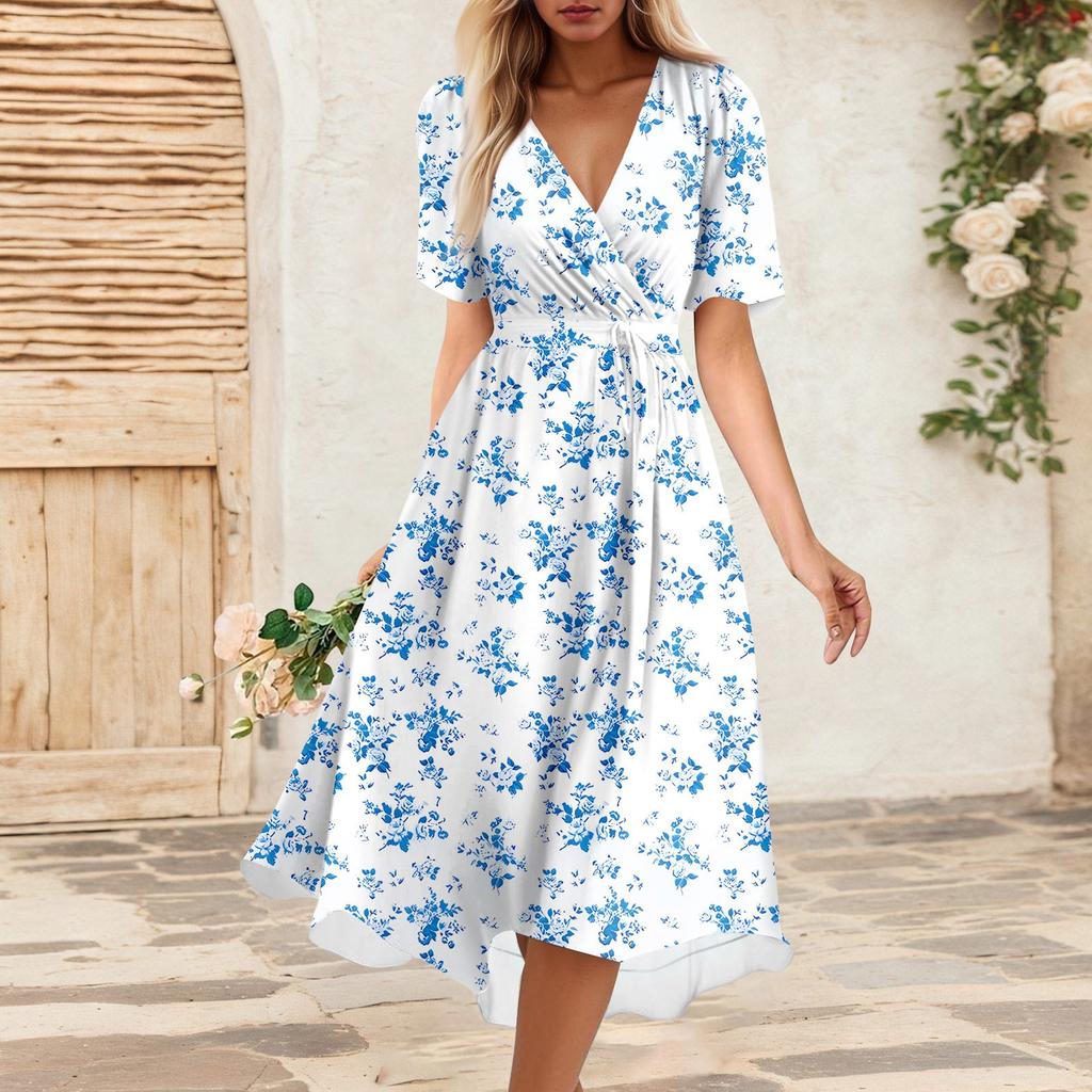 Women's Summer Loose V Neck Short Sleeve Dress, Elegant Dress