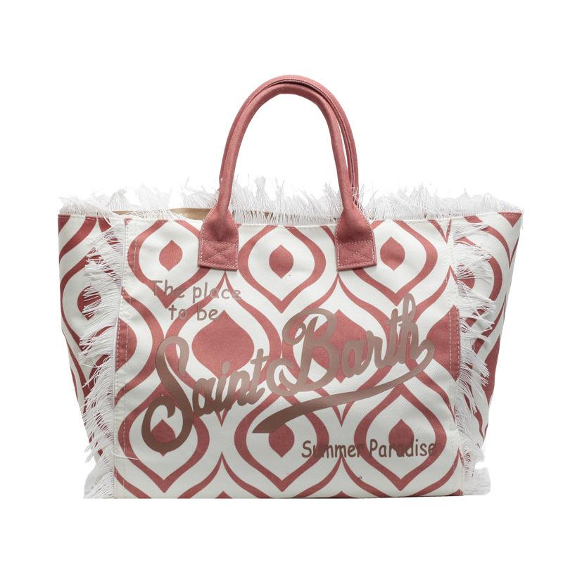Bolsa de praia de lona com borla feita à mão para mulher, nova bolsa tote estampada, bolsa de ombro de grande capacidade