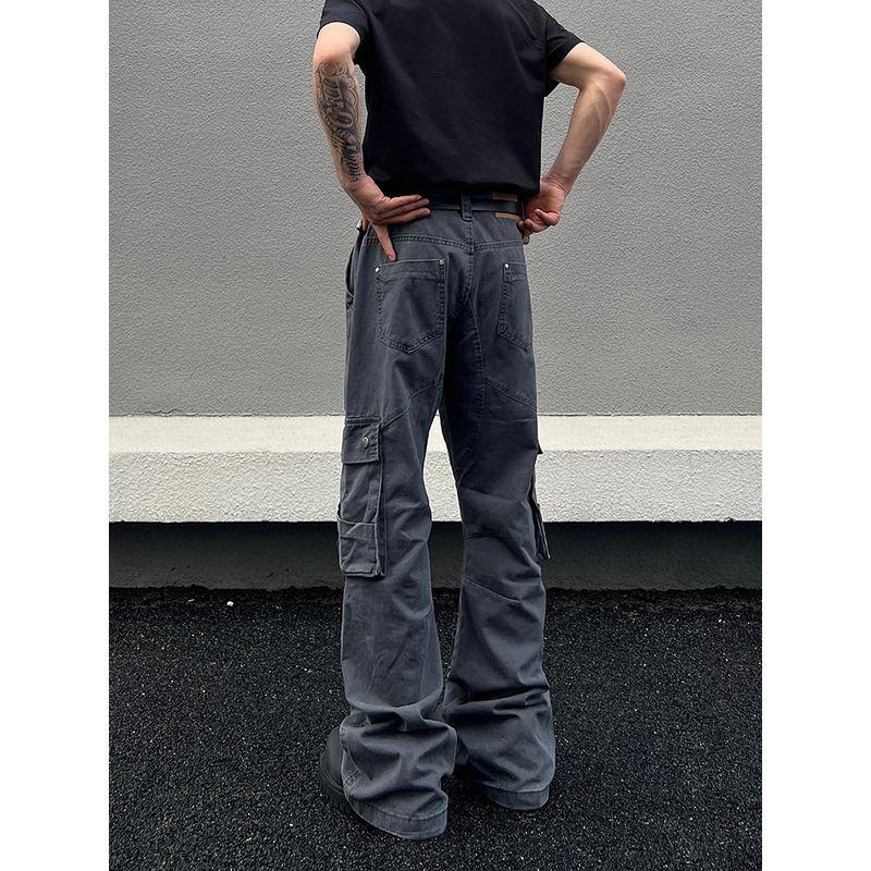 Blaexit American-Style Deconstructed Gray Flared Cargo Pants with Multi-Pocket Design, Straight-Leg Cleanfit Pants, Trendy
