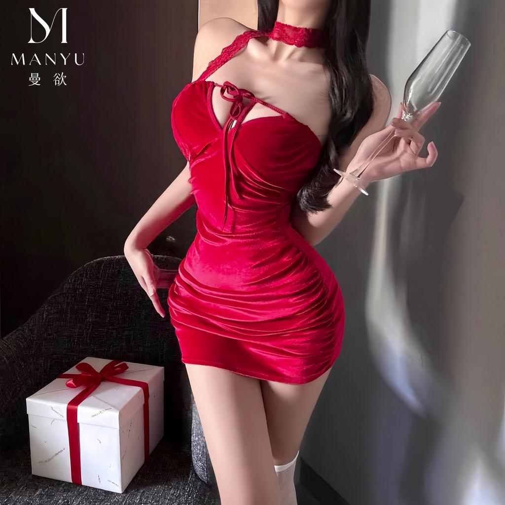 Man Yu original erotic underwear off-the-shoulder beautiful back red Christmas outfit tube top pleated pure desire hip skirt 8014