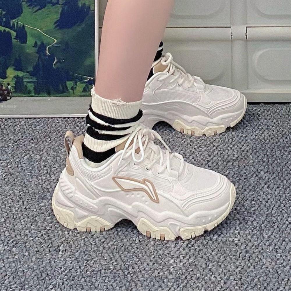 Li Ning Cushioning Slip Resistant Abrasion Resistant Breathable Lightweight Low Top Chunky Sneakers Women's White AGCT424-1