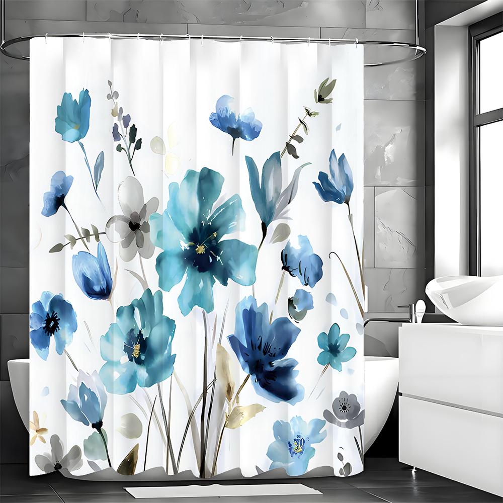 Watercolor Bohemian Floral Shower Curtain, Teal Floral, Mildew Resistant, Waterproof Bathroom Curtain, Gray Botanical Landscape