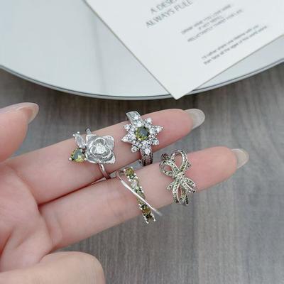 Niche Design Sense Exquisite Light Luxury Open Ring Women'S Olive Green Zircon Temperament Super Flash Fashion Stacked Index Finger Ring