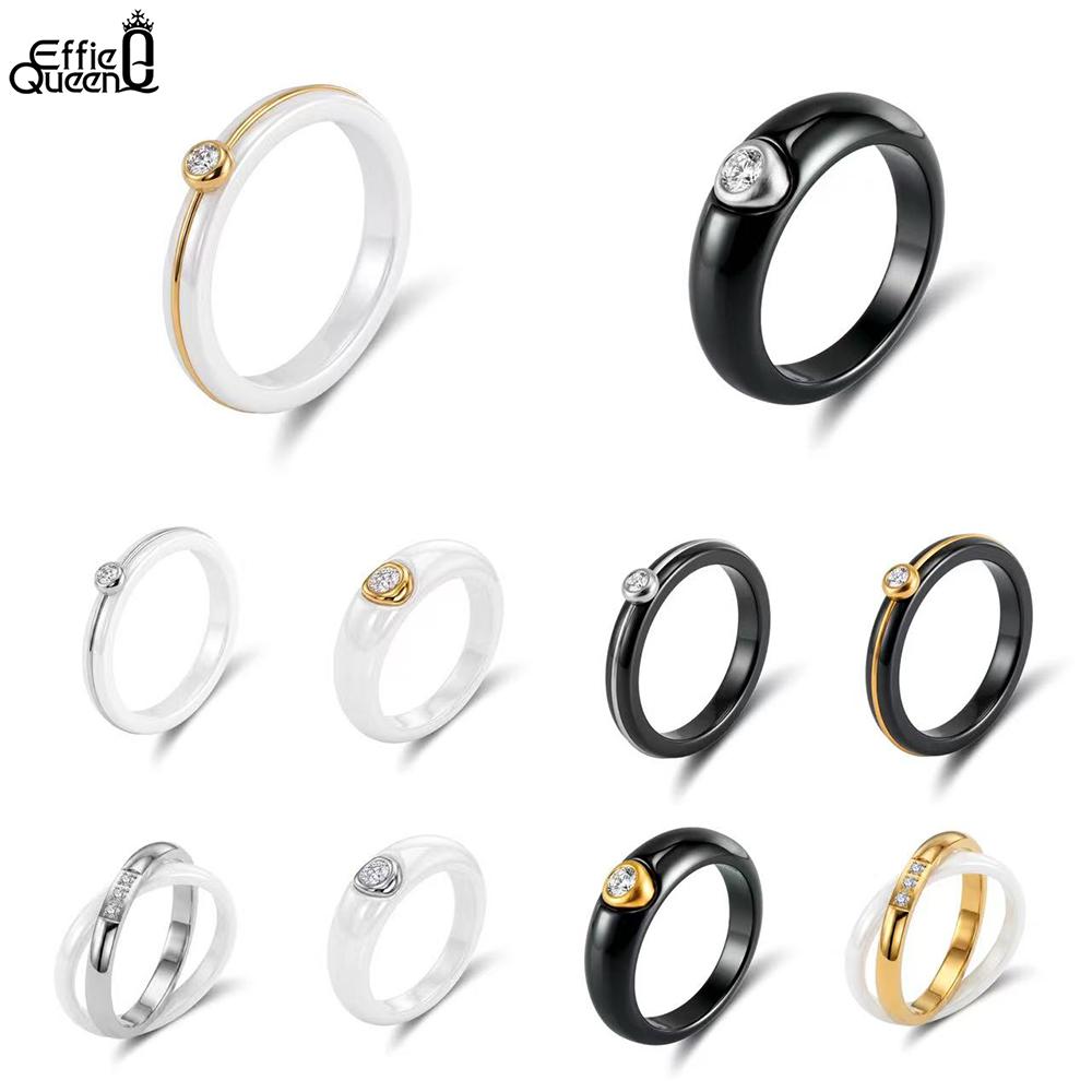 Effie Queen Stainless Steel Metal Ceramic Finger Ring Waterproof Minimalist Texture Dainty Zircon Ring Jewelry Accessories STTR