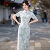 LongChinese-style Qipao Dress Women 2026 Retro Office Wear Blue Pink Micro-stretch Stand Collar Mid-slit