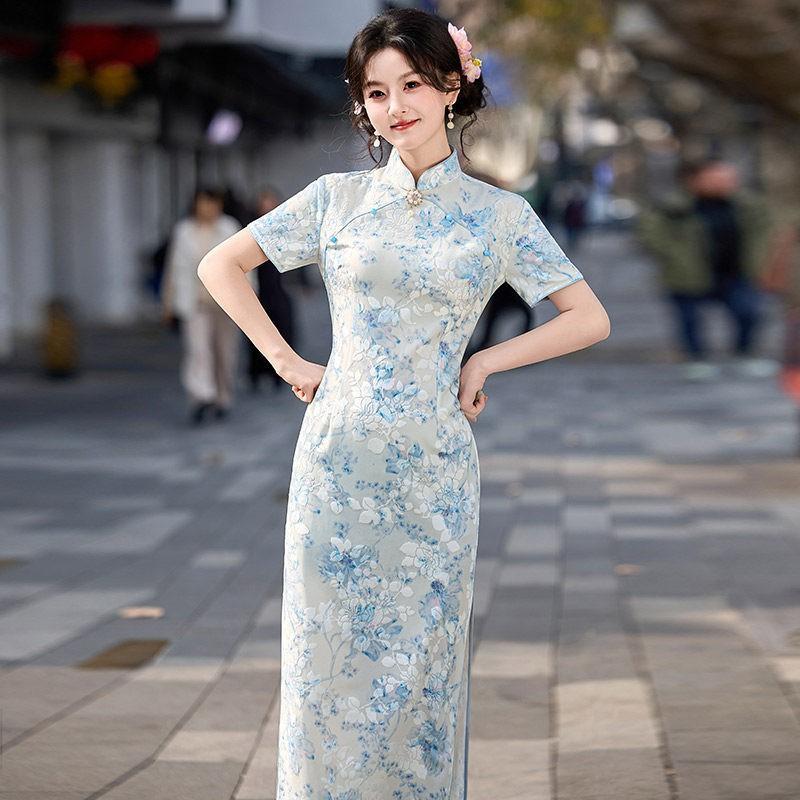 LongChinese-style Qipao Dress Women 2026 Retro Office Wear Blue Pink Micro-stretch Stand Collar Mid-slit