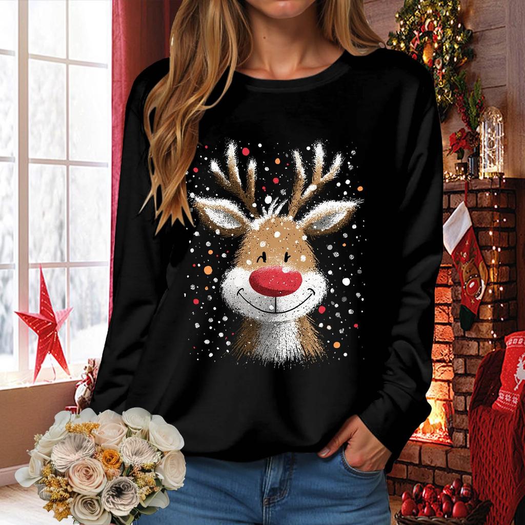 Women's Fashionable Casual Long-Sleeved Loose-Fit Christmas Print Round-Neck Pullover Sweatshirt
