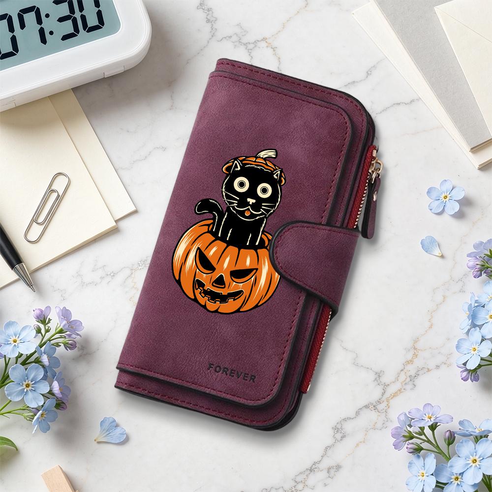 Halloween Black Cat Pumpkin Pattern Long PU Wallet Cute Fashion Multi Card Slot Purse for Daily Use