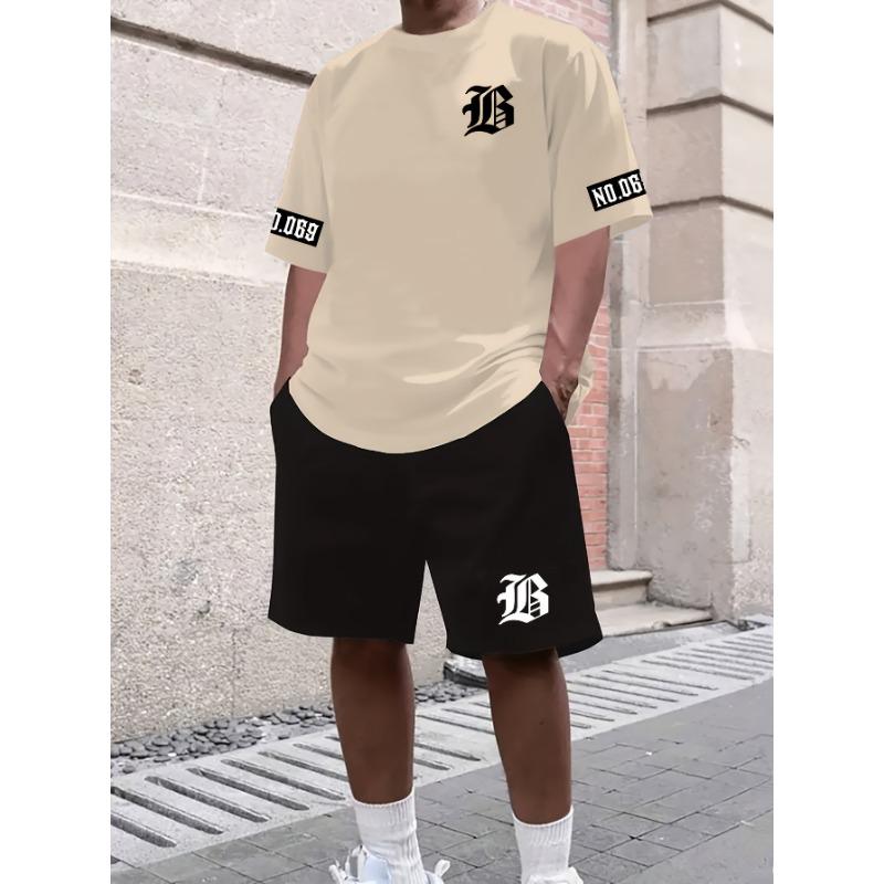 Men's Letter Pattern Casual Sports Set - Short Sleeved Shirt and Shorts