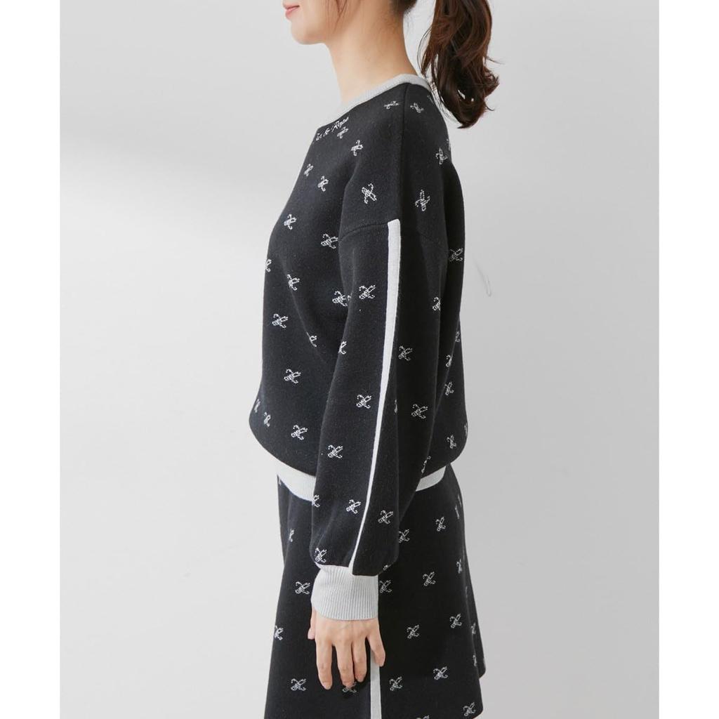 Knit Pullover Monogram Jacquard Puff Sleeve Pullover Cromain [June Andrope] [Set-up Compatible] Women's (01)