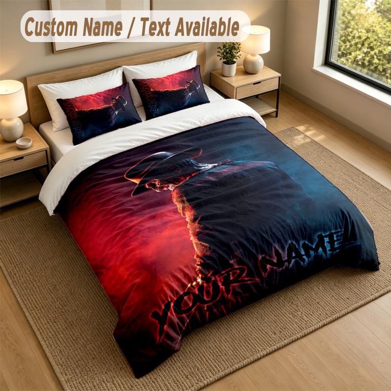 3Pcs Bedding Set Custom Name Text, 1 Sheet 2 Pillowcases Home Bed DecorA Nightmare On Elm Street Freddy Krueger