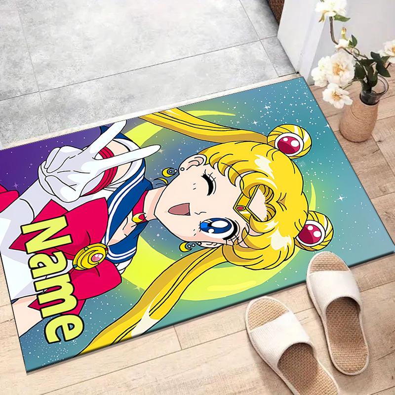 Custom Sailor Moon Mat Personalized Name, Polyester Washable Indoor Entryway Rug, Gift for Christmas, Easter, Thanksgiving Day
