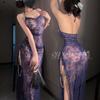 Erotic Lingerie, Halter and Swing Neck Long Dress, Sexy Lace Seductive, See-through Side Slit, No-take Pajama for Women 1287