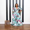 Spring and Summer New European and American Women's Clothing Sexy V-neck Waist Printing Bubble Sleeve Split Dress Long Dress
