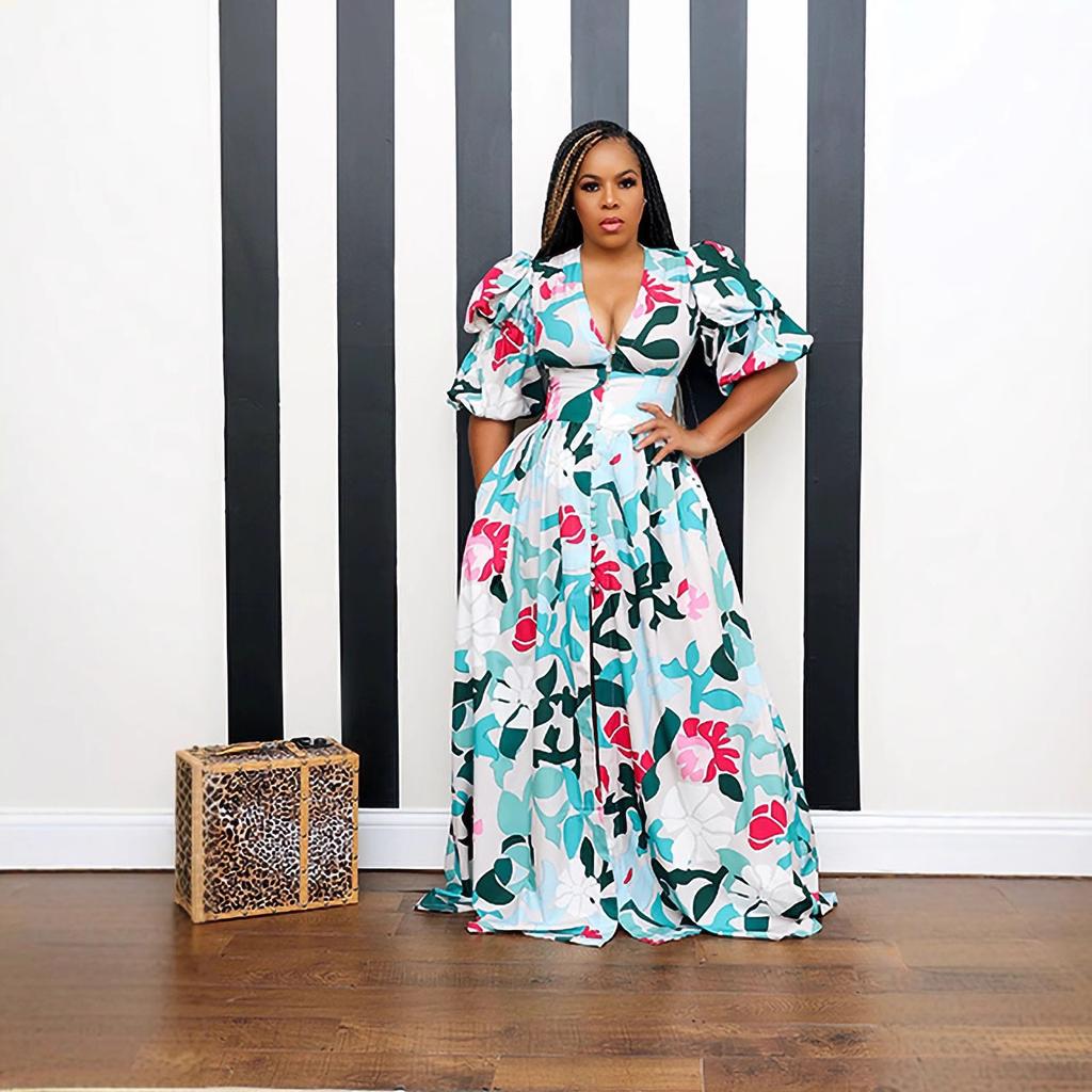 Spring and Summer New European and American Women's Clothing Sexy V-neck Waist Printing Bubble Sleeve Split Dress Long Dress