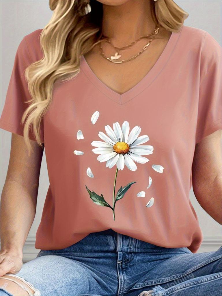 Women's V-Neck T-Shirt Flowers Print Tees Summer Short Sleeve Top Casual Trendy Female Clothing Graphic T-Shirts Clothes Women
