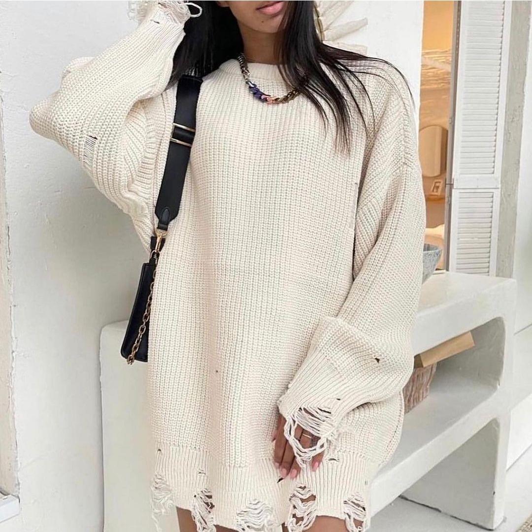 

BITCED Свободный вязаный свитер средней длины с длинными рукавами и круглым вырезом L слоновая кость