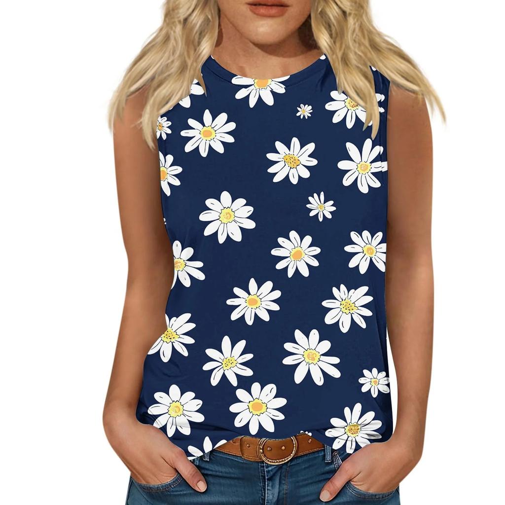 Flower 3D printed vest women's summer round neck casual vest off shoulder Y2k elegant sleeveless top vest women's clothing