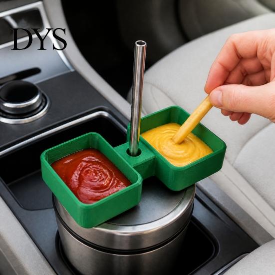 Car Interior Accessories 3D Printed Cup Holder Condiment Tray, 2 Compartment Dip Sauce Dispenser for Container with Straw Hole, Universal Vehicle