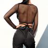 Black Mesh Long Sleeve Crop Top – Sexy Sheer Fishnet Round Neck Tie‑Front Slim Fit Women’s Clubwear