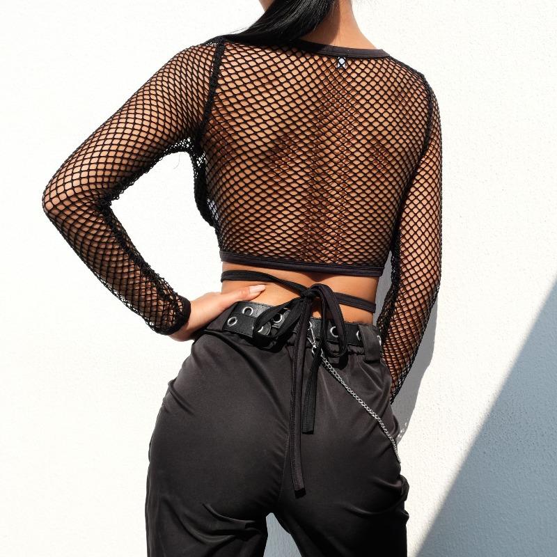 Black Mesh Long Sleeve Crop Top – Sexy Sheer Fishnet Round Neck Tie‑Front Slim Fit Women’s Clubwear