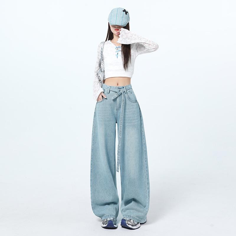 Blue High-Waisted Women s Wide-Leg Jeans - Floor-Length Design 2XL