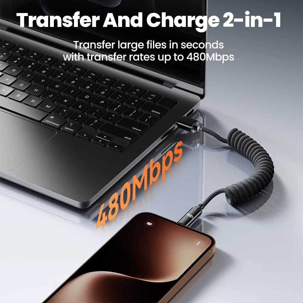120W Car Type C to USB C Fast Charging For iPhone 17 16 USB A To Type C Spring Telescopic Cable For Samsung Xiaomi Huawei