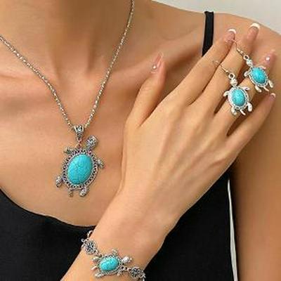 European & American Bohemian Turtle Turquoise Jewelry Set: Vintage-Style Earrings, Bracelet & Necklace for Women