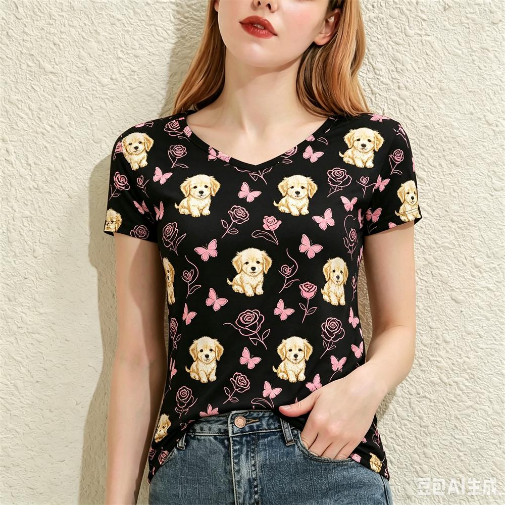 Cute Animal Printed Women's T-Shirts Fashion V-neck Short Sleeve Tees Casual Loose Comfortable Tops Summer Trend Female Clothing