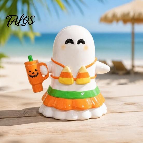Office Desk Ghost Ornament Halloween Hawaii Bikini Figurine, Holding Pumpkin Cup Statue, Figurine Summer Vacation Resin Sculpture for Decoration