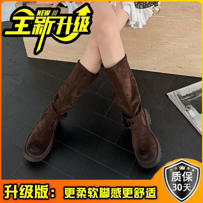 Temperament French suede knight boots polished round head boots 2025 autumn and winter suede versatile thick heel Martin boots