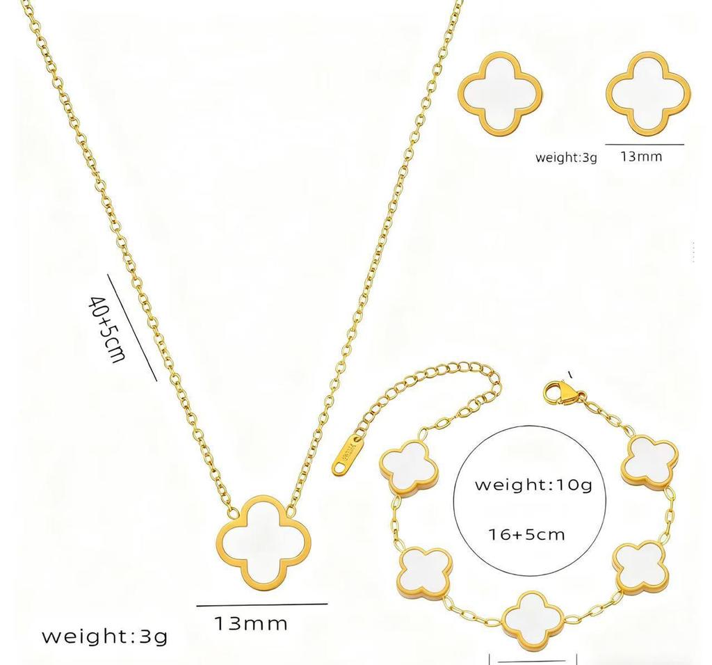 13mm Vierblättriges Kleeblatt Titanstahl Schmuckset: 18K Armband, Halskette, Ohrringe