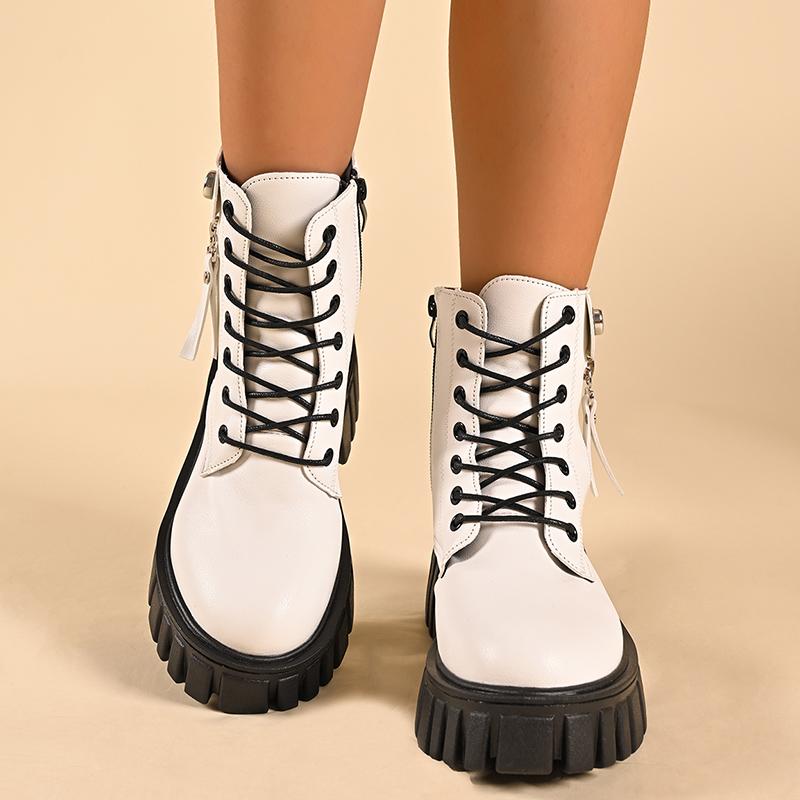 Plateau Damen Stiefeletten Mittelhohe Absätze Designerschuhe Schnürstiefel Chunky Motorradstiefel Trend Winter Goth Neu Botas De Mujer