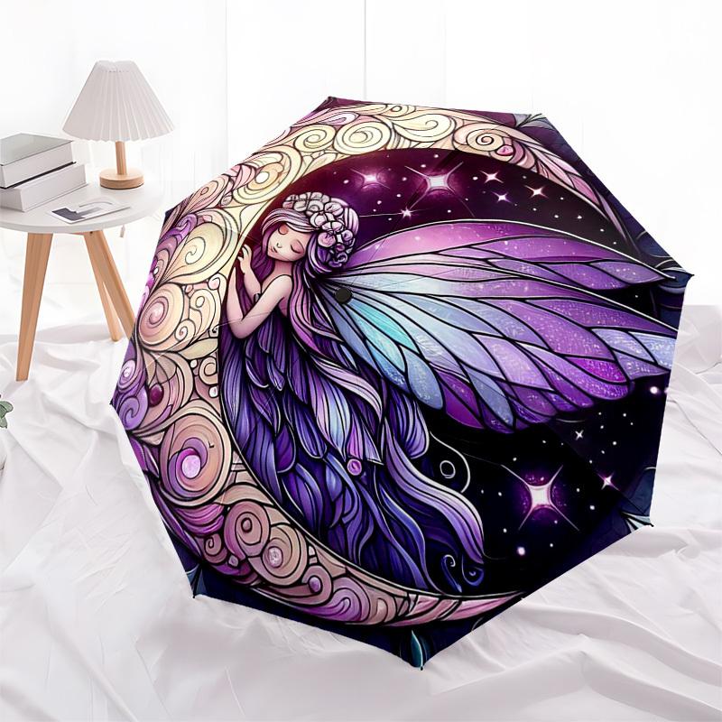 1pc Starry Night Fairy Moon Auto-Folding Umbrella: Portable 3-Fold Design with Iron Frame, Perfect for Outdoor Use, Festive Gifts, Travelers & Daily U