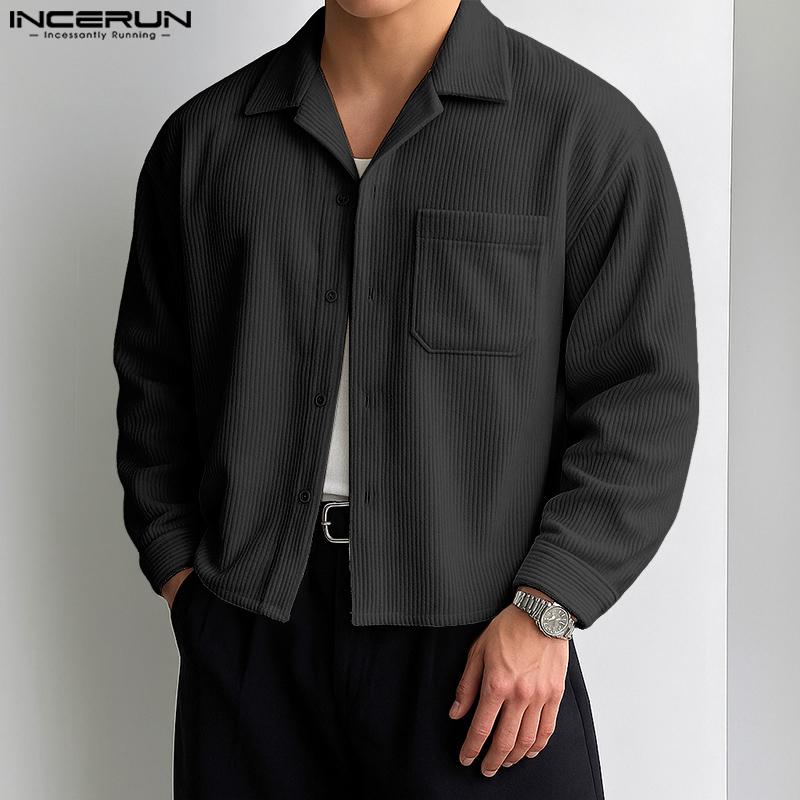 INCERUN Oversized Men Turn Down Collar Long Sleeve Texture Loose Casual Shirts Tops