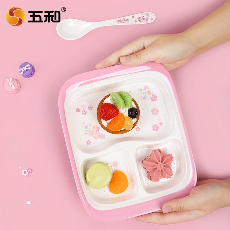 For Hello KittyTableware Cute Cherry Blossom Children Cartoon Tableware Rice Salad Bowl Water Cup Spoon Anti-scalding Plate
