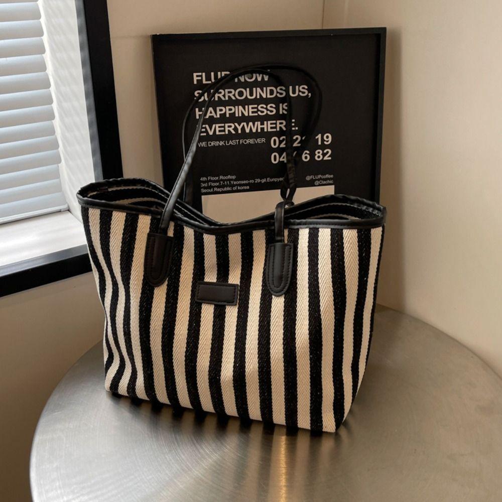 Large Capacity Shoulder Bag Zipper Shopping Handbag Simple Stripe Canvas Tote Bag  Girls