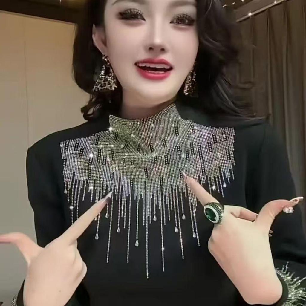 Elegant Rhinestone Long-Sleeve Women's Top - Autumn/Winter Base Layer with Half-High Neck