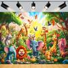 Colorful Wild Zoo Giraffe Elephant Themed Banner Background, Children's Birthday Party Decoration Photography Background Cloth