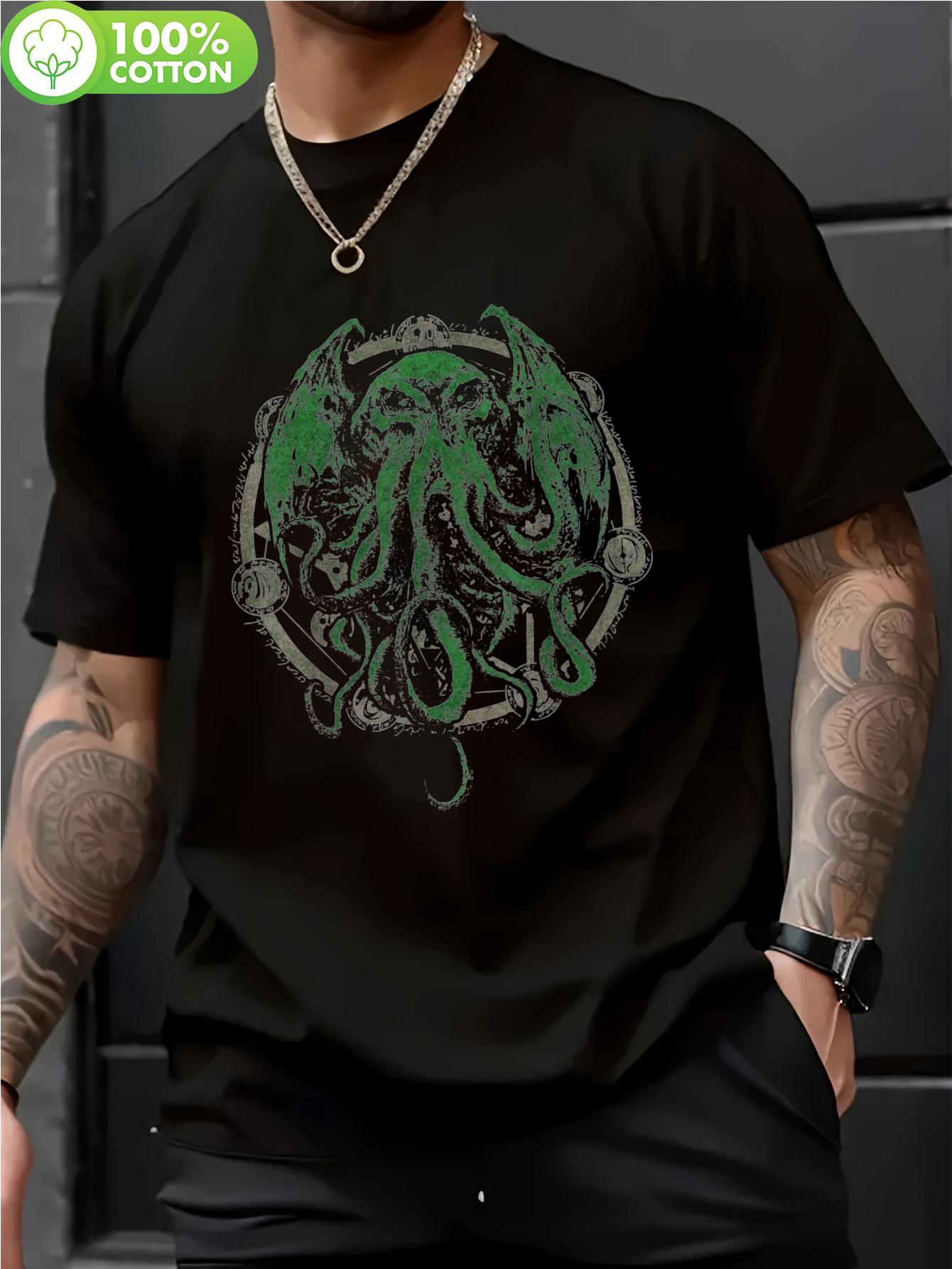 Plus Size Retro Cotton T-shirt - Black with Green Octopus Graphic Print XL
