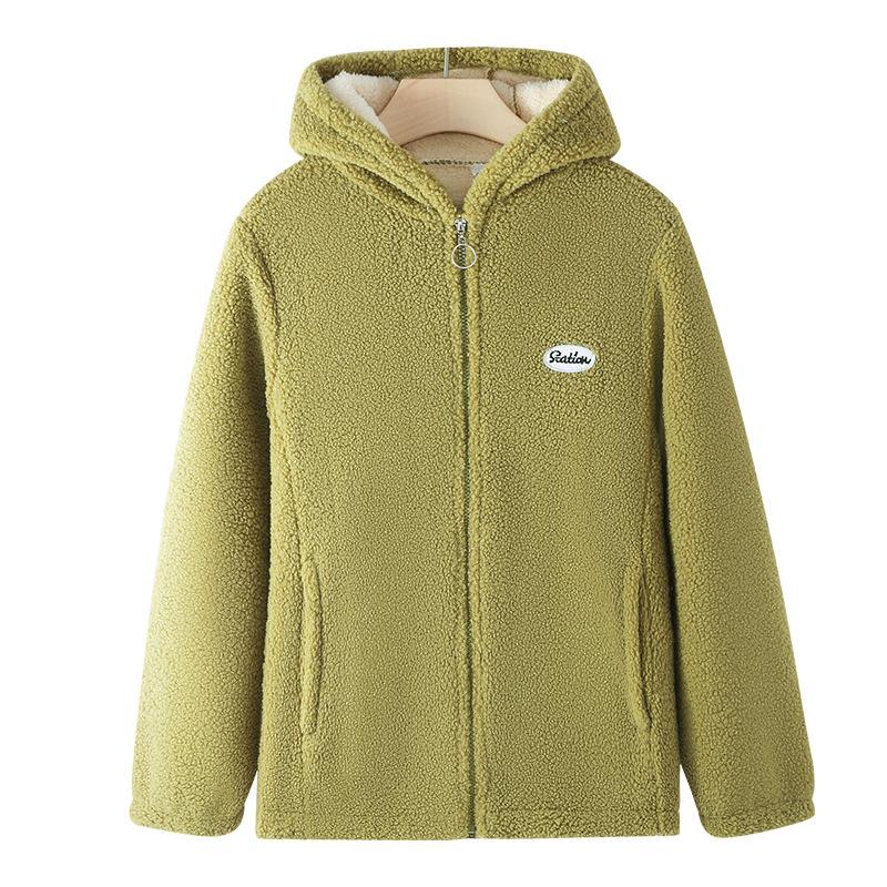 Autumn and Winter Granular Fleece Hooded Jacket Women's Loose Plus Fleece Thickened Western Style Age-reducing Lamb Fleece Top Warm Cotton Coat