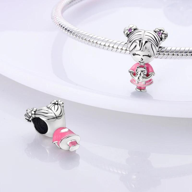 Cute Pink Girl And Cat Beads Copper Original Bead Fit Originalcharms Bracelet Beads Jewelry Gifts For Women