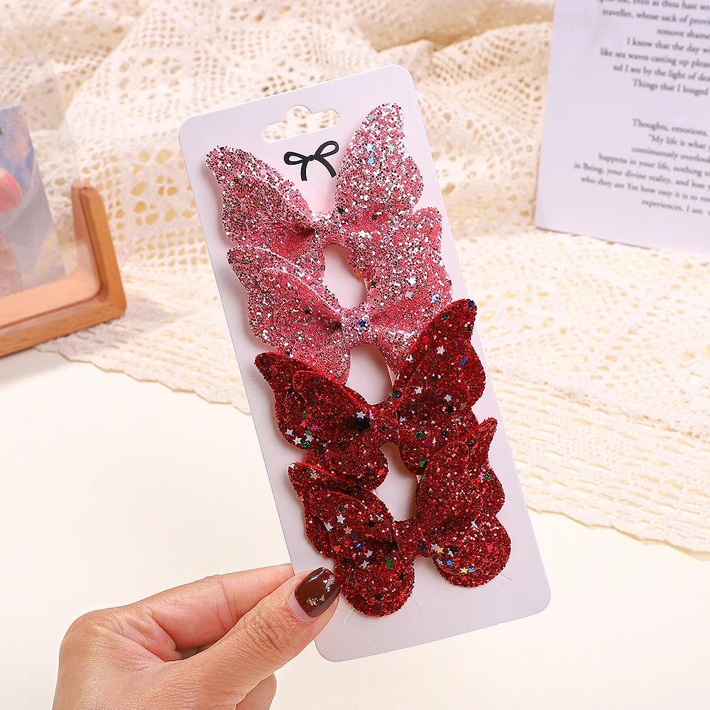 4Pcs/set Cute Sequins Double Butterfly Hair Bows Clip for Baby Girls Leather Kids Hairpins Barrettes Headwear Hair Acesssories