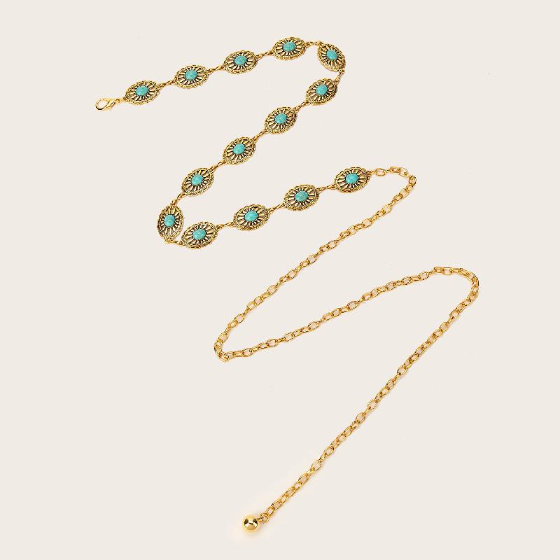 Moda Pedra Sintética Decoração Oval Metal Corrente de Cintura Casual Feminina para Acessório de Vestido