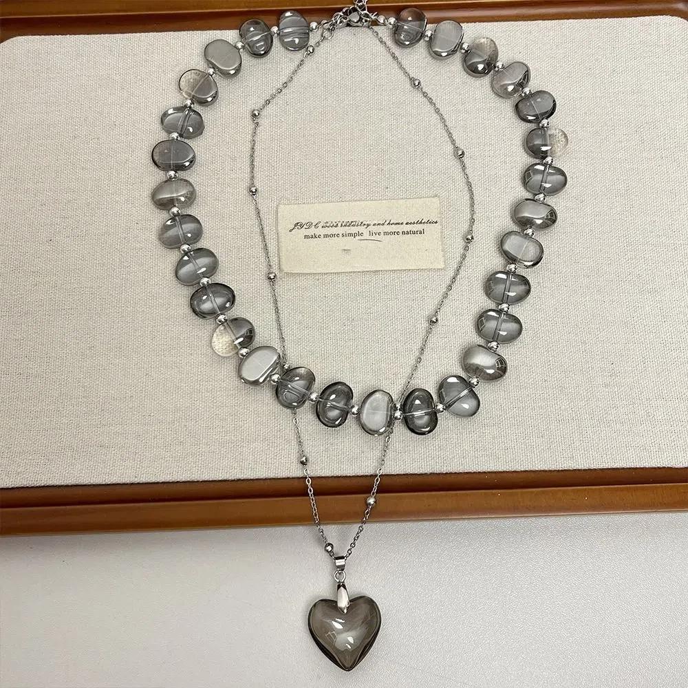 Irregular Beaded Necklace Exaggerate Heart Pendant Necklace Elegant Collarbone Chain  Party