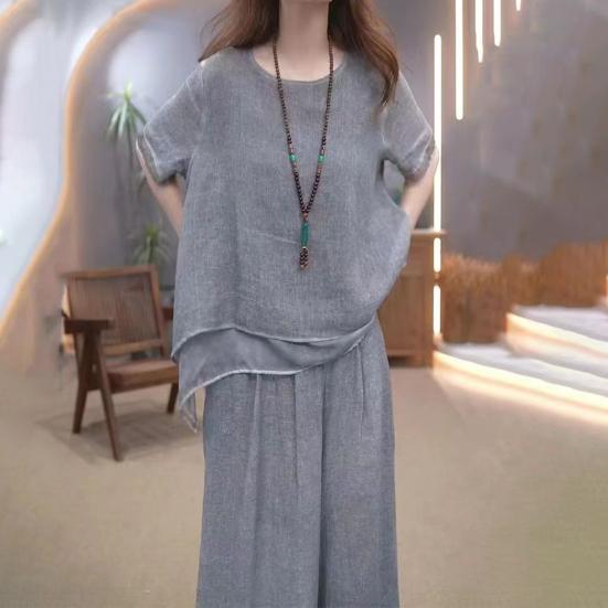 2 Pcs/Set Women Top Pants Set Round Neck Half Sleeves Irregular Hem Blouse Wide Leg Elastic Waist Wide Leg Trousers Daily Leisure Dating Outfit