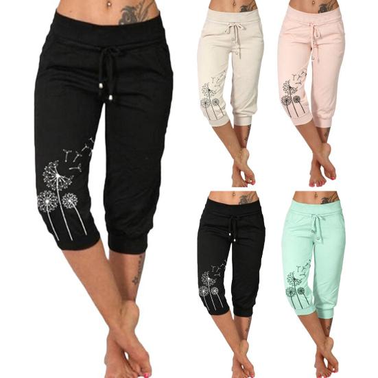 Kvinner Cropped Bukser Snøring Midje Sommer Harem Bukser Løvetanntrykk Uformelle sporty bukser med lomme for kvinner