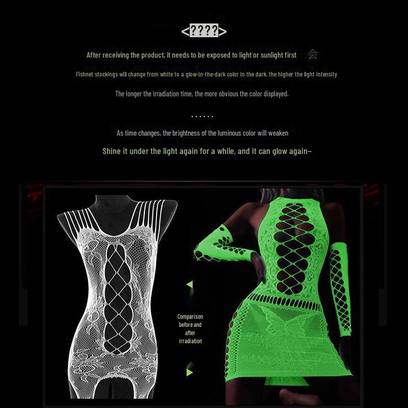 Linlinting Plus Size Glow-in-the-Dark Fishnet Bodystocking with Luminous Bandeau and Socks