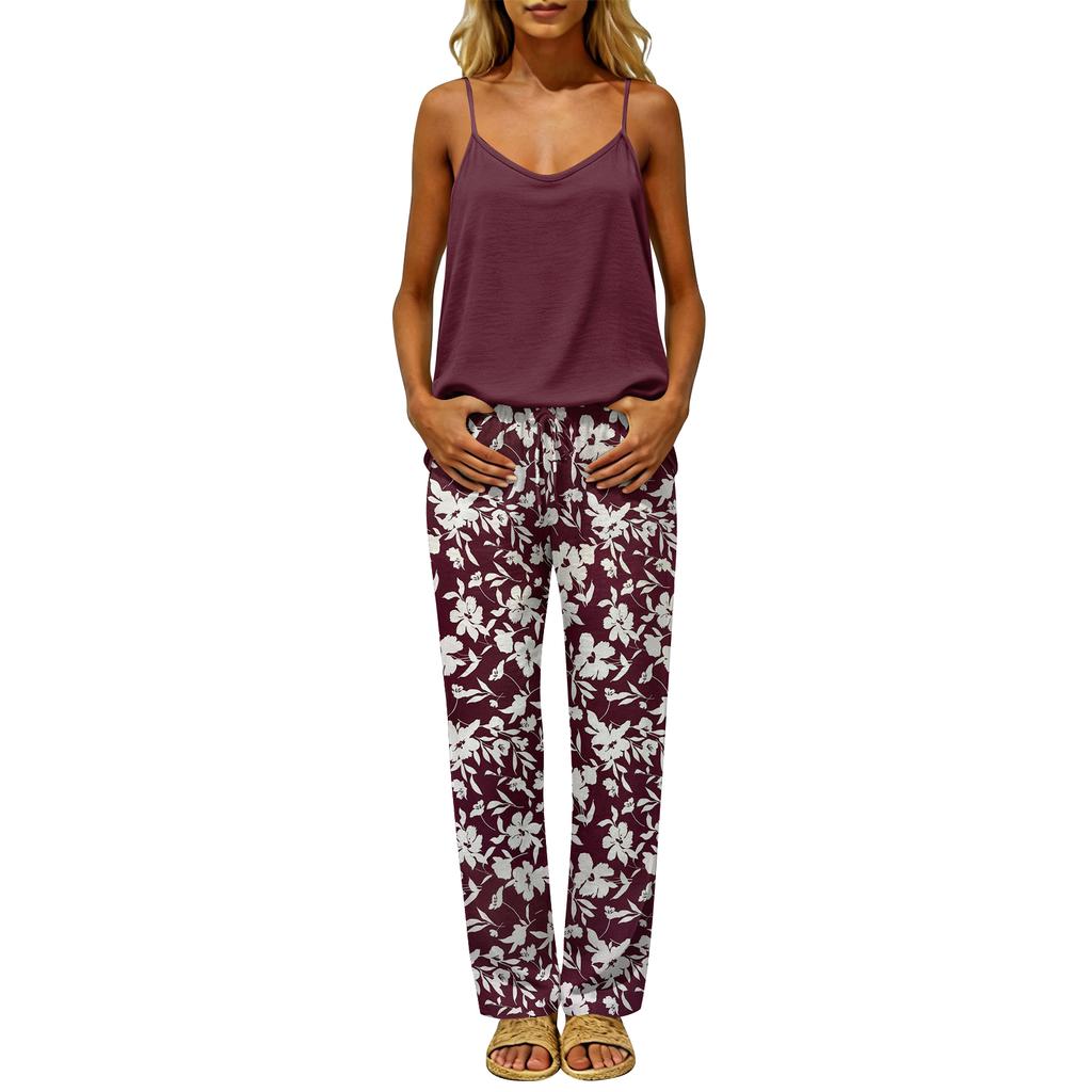 Women's Color Casual Two Piece Set, Backless Sleeveless Top and Elastic Waist Pants